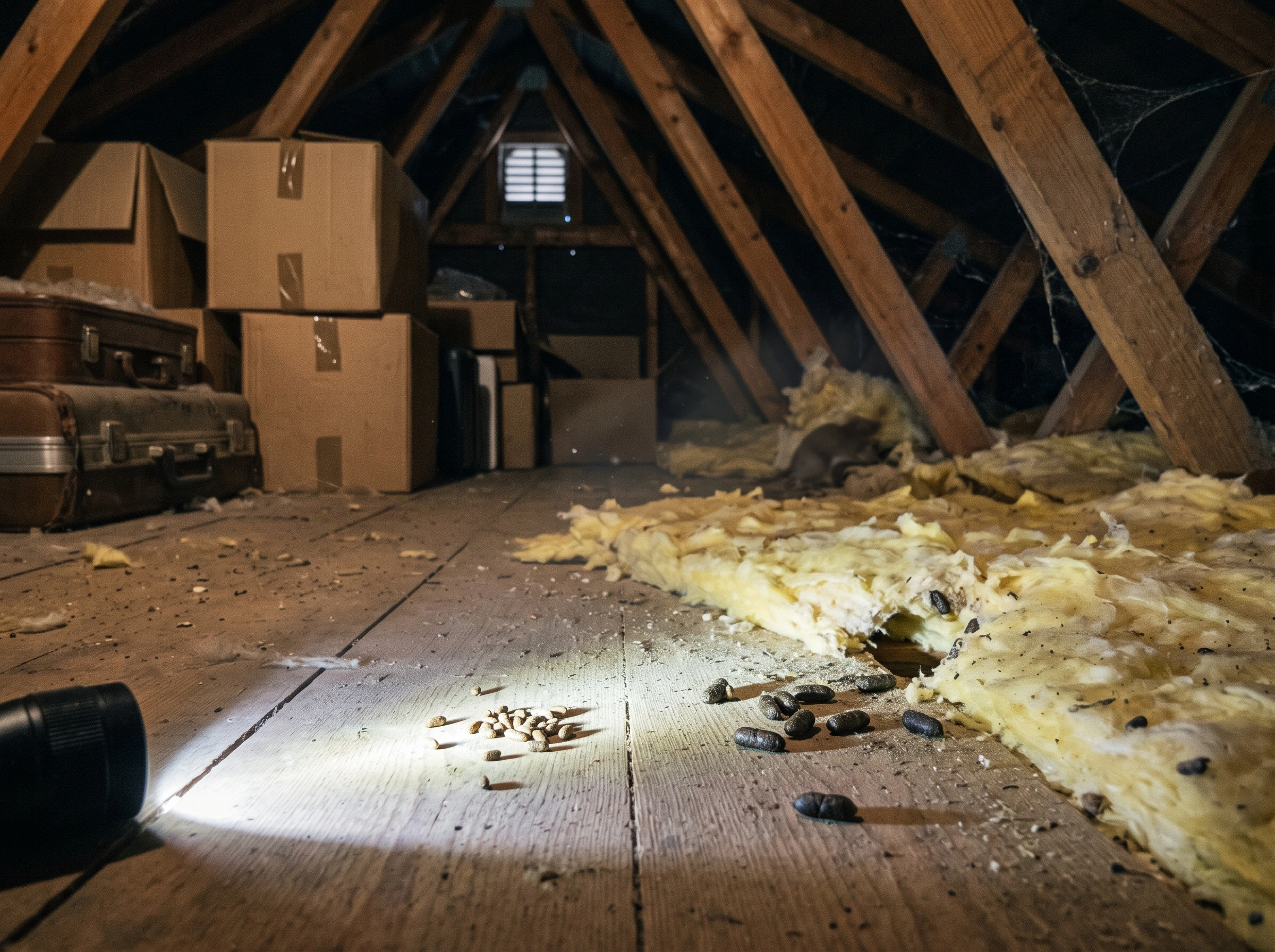 An image of rodent droppings in a loft